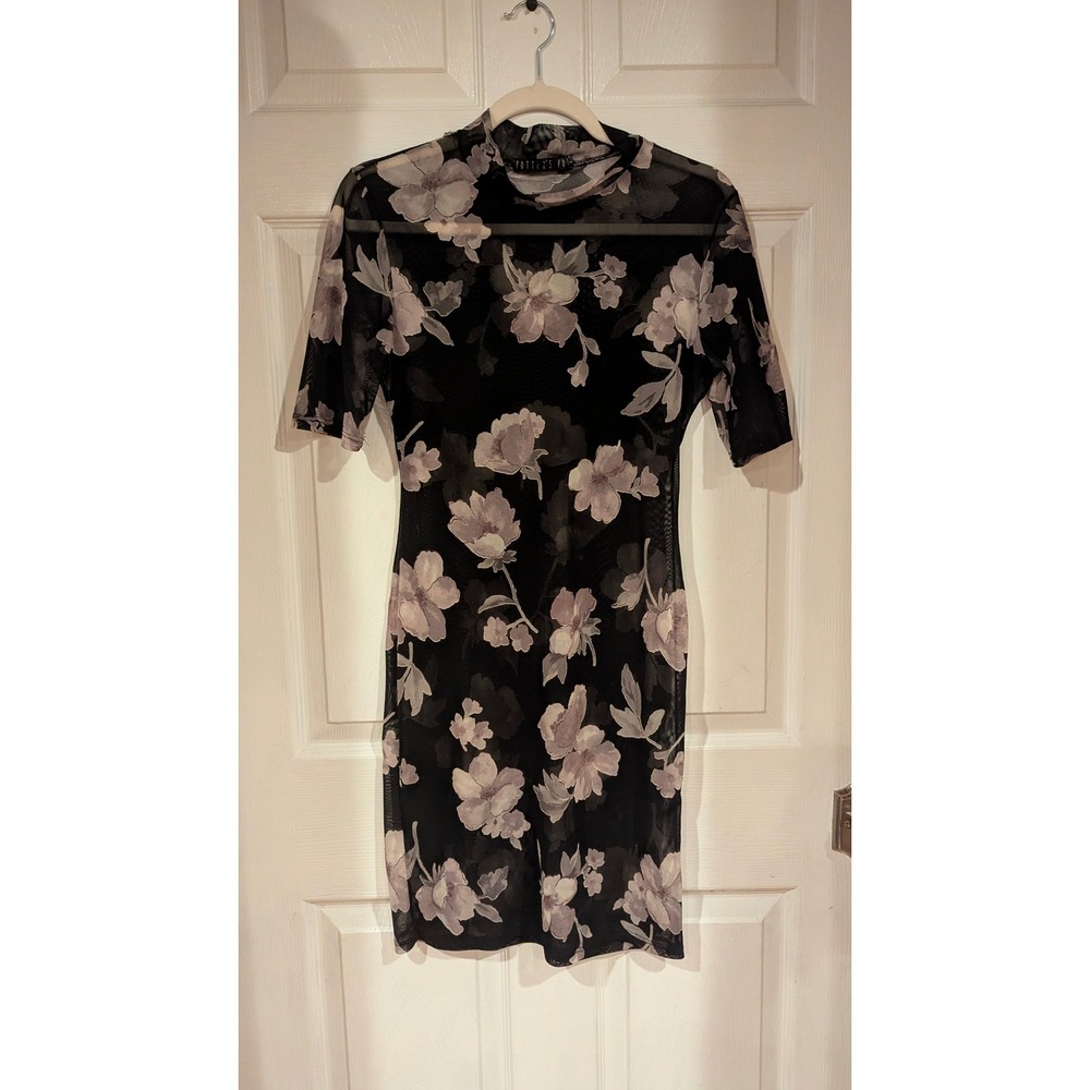 Potter's Pot Black Floral Mini Dress with Dusty Pink Flowers 90s Y2K - Picture 2 of 6